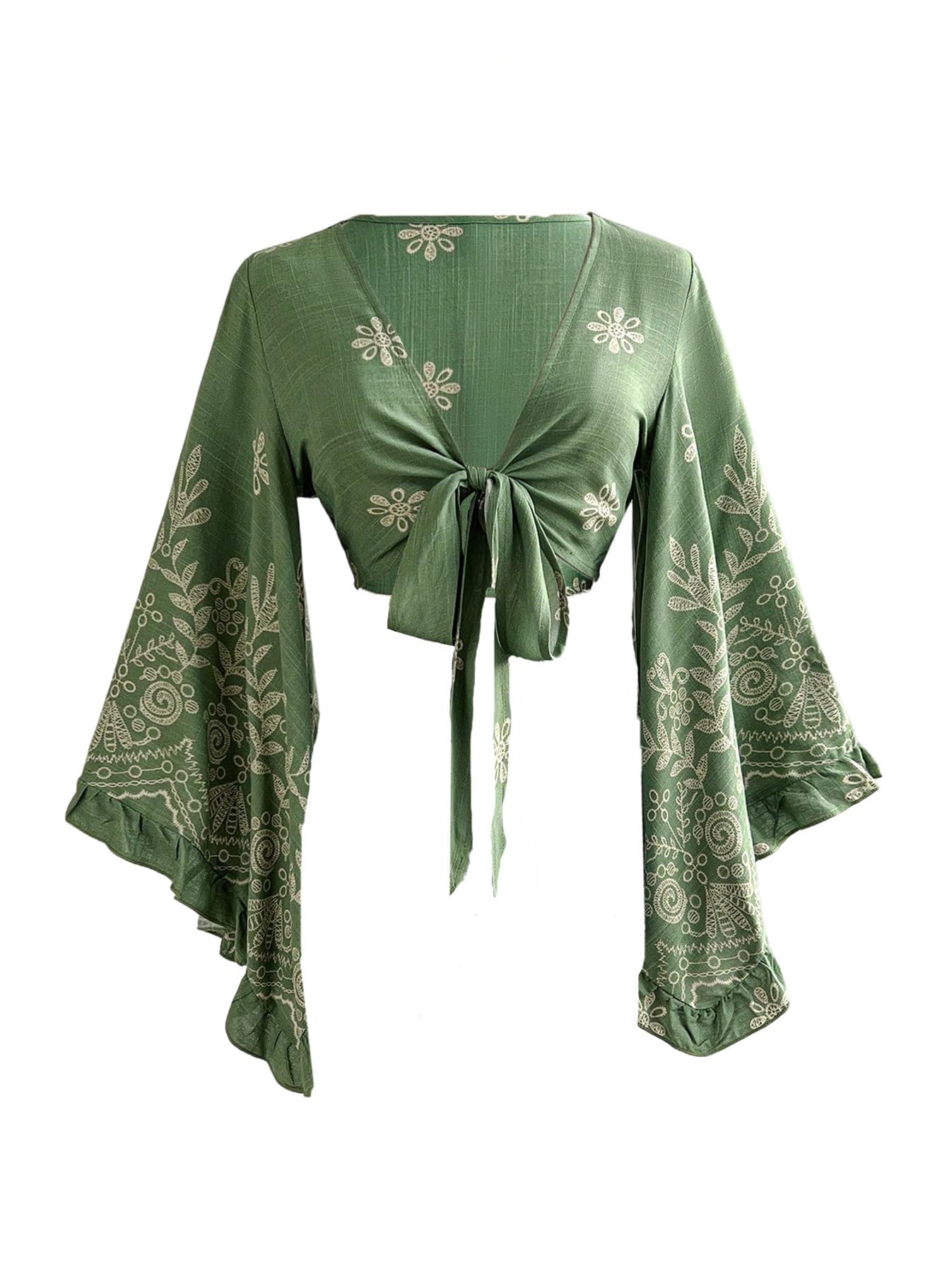 Photo 1 of *Dirty item* BEAUDRM Women's Boho Tops Western Country Concert Outfits Tie Front Long Bell Sleeve Tops 70s Hippie Disco Clothes Green and Apricot Small