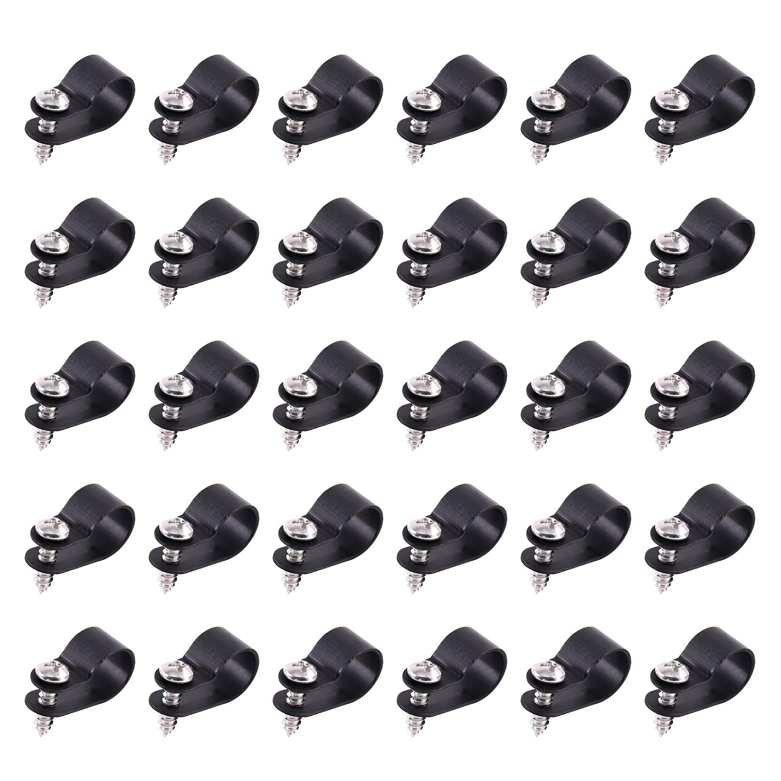 Swpeet - 60 Pack 1/2 Inch Black Nylon R Type Plastic Clips, Nylon Screw Mount Cable Clamp Kit with 60 Screws for Cable Management
