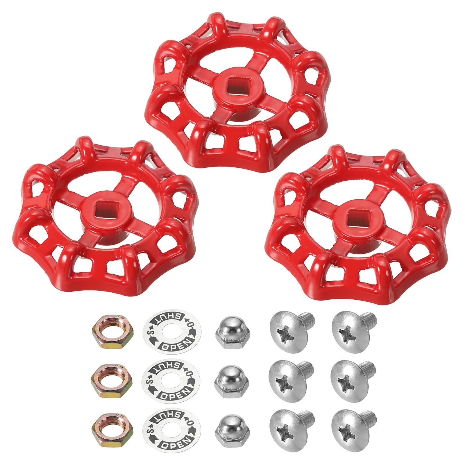 PATIKIL Outside Faucet Handle Square Stem Hole 8x8mm, Cast Steel Round Wheel Faucet Handles Replacement Water Spigot Handle with Screws Spacer, Red, 3Pcs