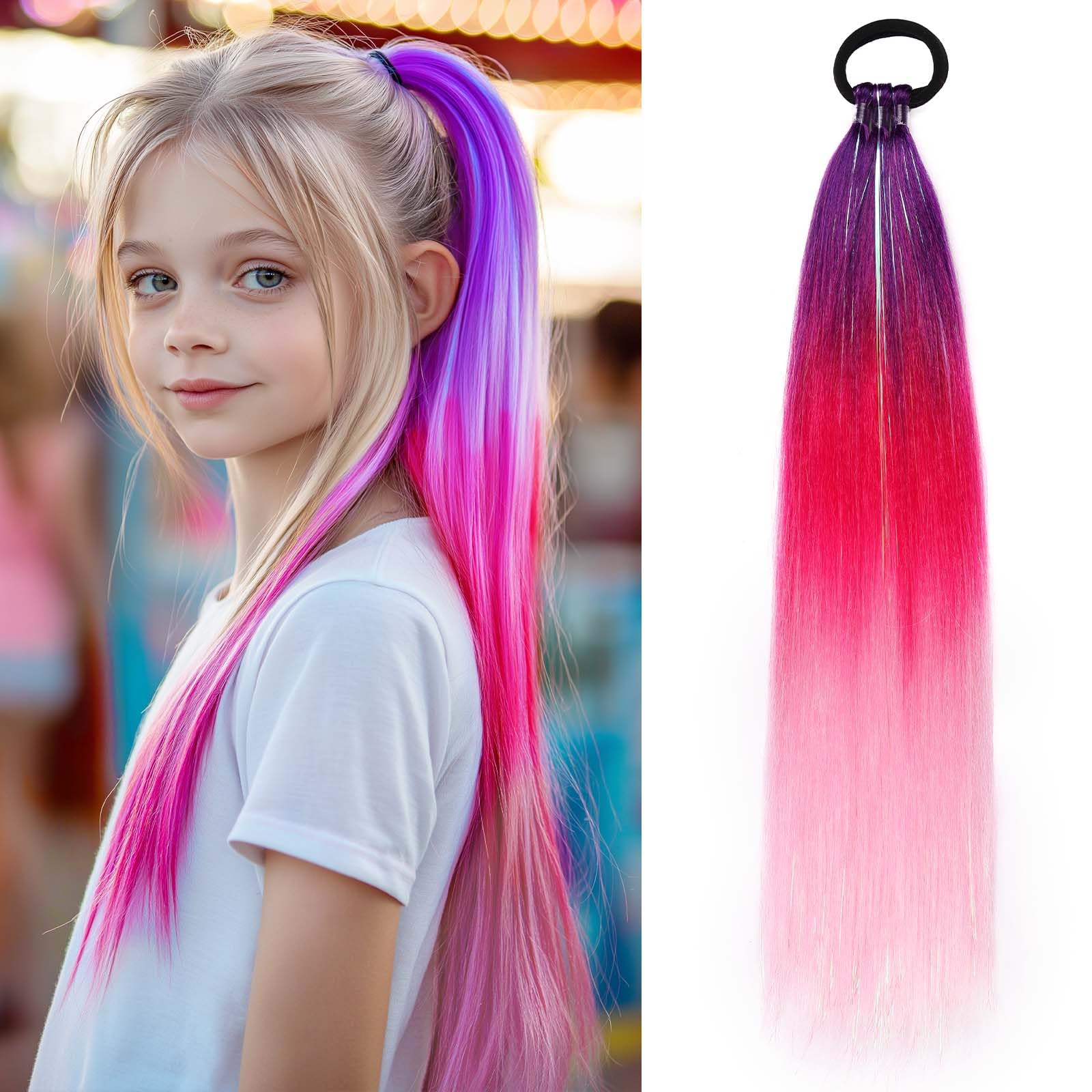 Rainbow Ponytail Extensions With Hair Tie 1 Packs 80g/Pack Coloured Hair Extensions for Braiding 18 inch Colorful Ombre Mermaid Pony Tail Synthetic Hair Extensions for Girl Women XX33 — image 1