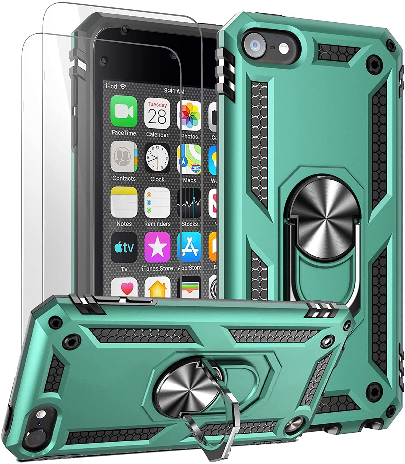 ULAK Case for iPod Touch 7th Generation, iPod Touch 5/6 Case with 2 HD Screen Protectors Hybrid Shockproof Protective Cover kickstand for Apple iPod Touch 5/6/7, Green