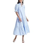 D-Sun Women Casual Button Down Maxi Dress Short Puff Sleeves Stand Collar Tiered Elegant Flowy Swing Long Dress with Tie
