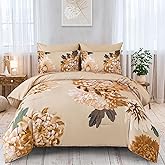 DJY Khaki Queen Comforter Set, 7 Piece Floral Comforter Set with Sheets Bed in a Bag Queen Size Elegant Flower Print Soft Microfiber Complete Bedding Set for All Season