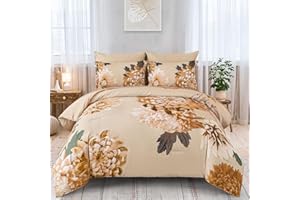 DJY Khaki Comforter Set King, 7 Piece Floral Comforter Set with Sheets Bed in a Bag King Size Elegant Flower Print Soft Micro