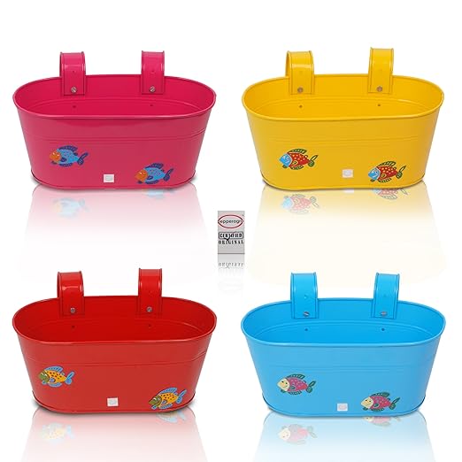 Pepper Agro Gardening Railing Balcony Planter Decorative Fish Design Hanging pots Metal Plant Container Assorted Colours Set of 4