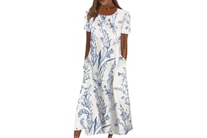 KENVINA Summer Dresses for Women 2024 Vacation Babydoll Crewneck Sundress Boho Short Sleeve Floral Midi Dress with Pockets