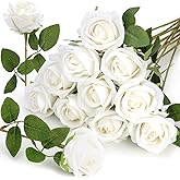Roses Artificial Flowers, Silk Roses with Stems for Wedding Bridal Bouquets, Valentine Anniversary Mother's Day Get Well Hostess Housewarming Gifts, Indoor Outdoor Decor Party Centerpiece (12, White)