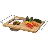 Cutting Board with Strainer - 2 in 1 Adjustable Bamboo Chopping Board with Removable Stainless Steel Colander for Over the Sink by Classic Cuisine