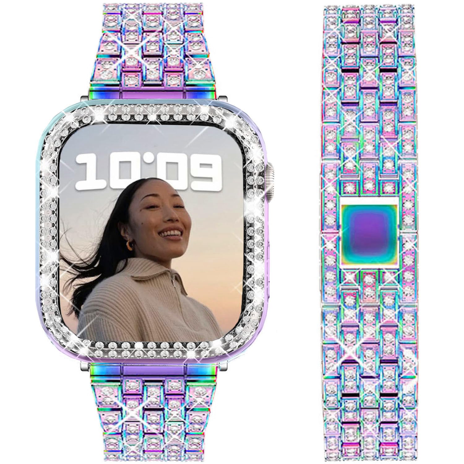 DEALELE Bands and Case Compatible with Apple Watch Series 6/5 / 4 / SE (44mm), Bling Rhinestone Diamond Metal Strap with Protective Case Cover Replacement for iWatch 44mm Women Men (Rainbow)