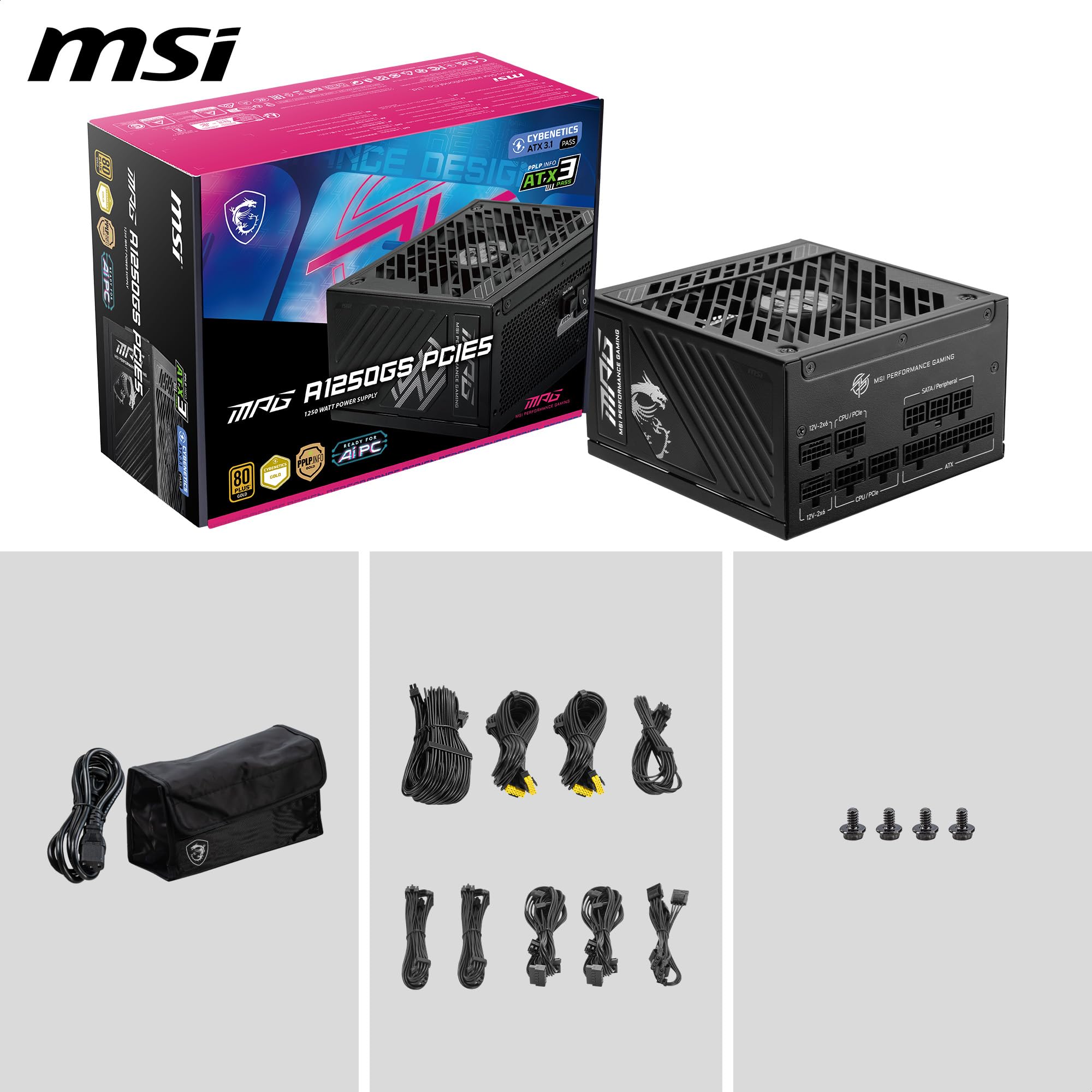 msi MPG A1250GS PCIE 5.1 ATX 3.1 Gaming Power Supply - Full Modular - 80 Plus Gold Certified 1250W - 100% Japanese 105°C Capacitors - Dual 12V-2x6 - ATX PSU - 10 Year Warranty