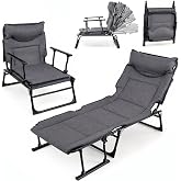 GYMAX 2 in 1 Convertible Lounge Chair Outdoor with Pad, Pillow, 6 Level Adjustable, Heavy Duty 375 LBS Portable Folding Camping Cot for Patio, Lawn, Yard