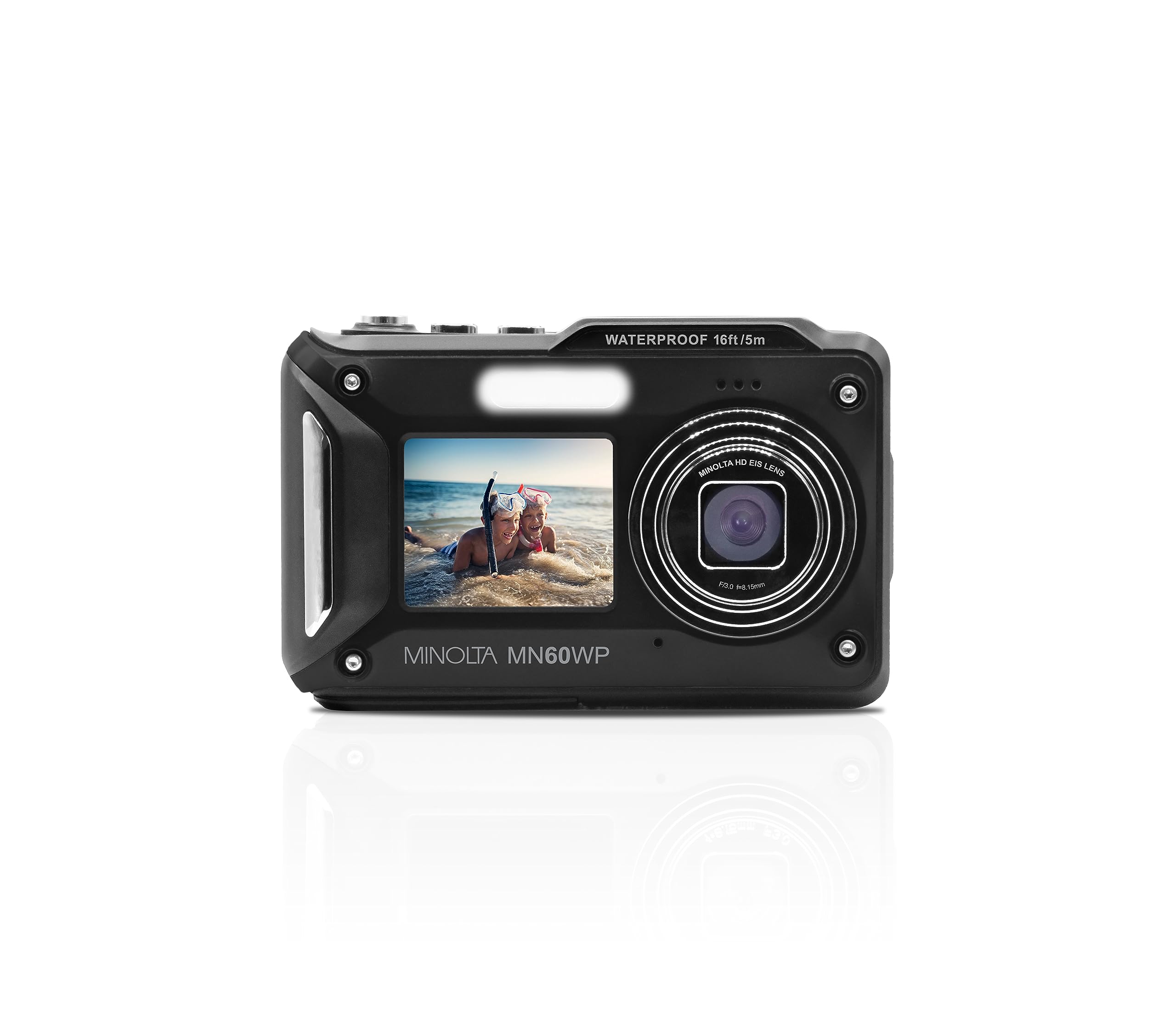Minolta Waterproof Digital Camera - 48MP Photos, 4K UHD Video, Dual LCD Screens, 16ft Waterproof, 16X Zoom, Anti-Shake, Slow Motion, Compact Point-and-Shoot for Travel & Underwater (Black)