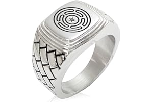 Tioneer Stainless Steel Hecate Greek Goddess of Magic Geometric Pattern Step-Down Biker Style Polished Ring