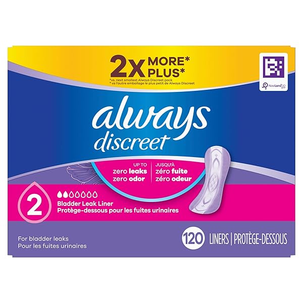 ALWAYS DISCREET INCONTINENCE PANTY LINERS FOR BLADDER LEAKS, SIZE 2, VERY LIGHT ABSORBENCY, 120 COUNT