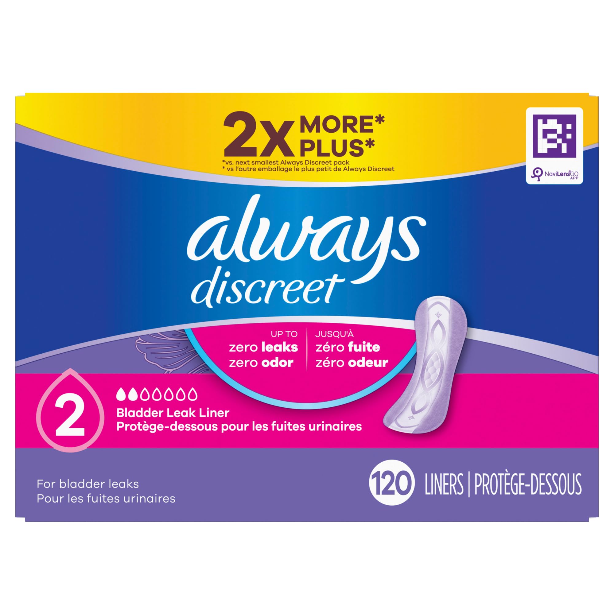 Always Discreet Incontinence Panty Liners for Bladder Leaks, Size 2, Very Light Absorbency, 120 Count