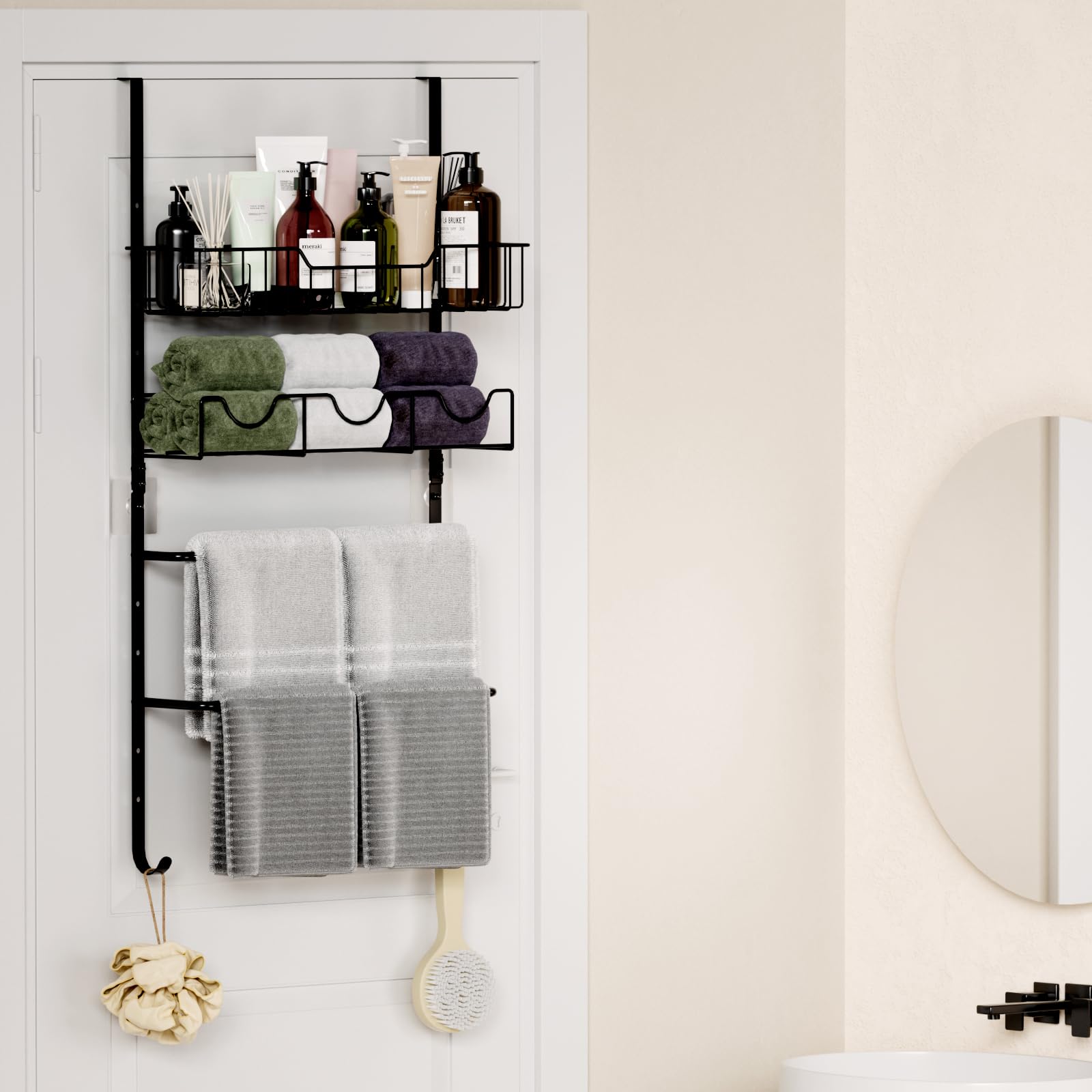 THYGIFTREE 4 Tiers Towel Racks for Bathroom Door Adjustable Bathroom Towel Holder with Storage Basket Towel Storage for Bathroom Towel Bar for Bathroom Over The Door Towel Bar for Bathroom