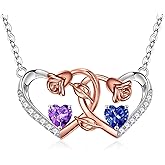 Iefil Birthstone Jewelry for Women - 925 Sterling Silver Birthstone Necklace, Double Heart Necklaces for Women, Anniversary Birthday Gifts for Women Wife Girlfriend Mom