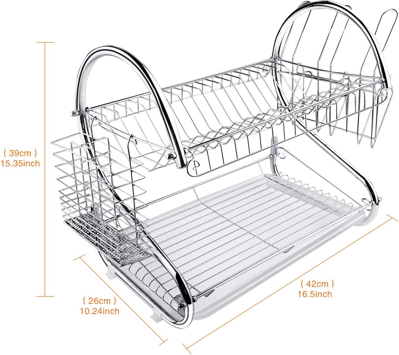 ARyee Two Tier Dish Drainer Rack Silver, Bowls Dishes Plates Cup Holder with Drip Tray, Metallic - Image 3