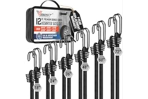 VBEST Bungee Cords Heavy Duty Outdoor - 12 Pcs Bungie Cords with Hooks in A Storage Bag Includes 18", 24", 36", 48", 60", 72" Bunnies Cord Bundle