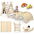 BlueWood Pikler Triangle Set 7in1 Foldable Baby Climbing Wooden Toys with Arch&Ramp&Ladder Climber Indoor Jungle Gyms for Toddlers - Natural Wood