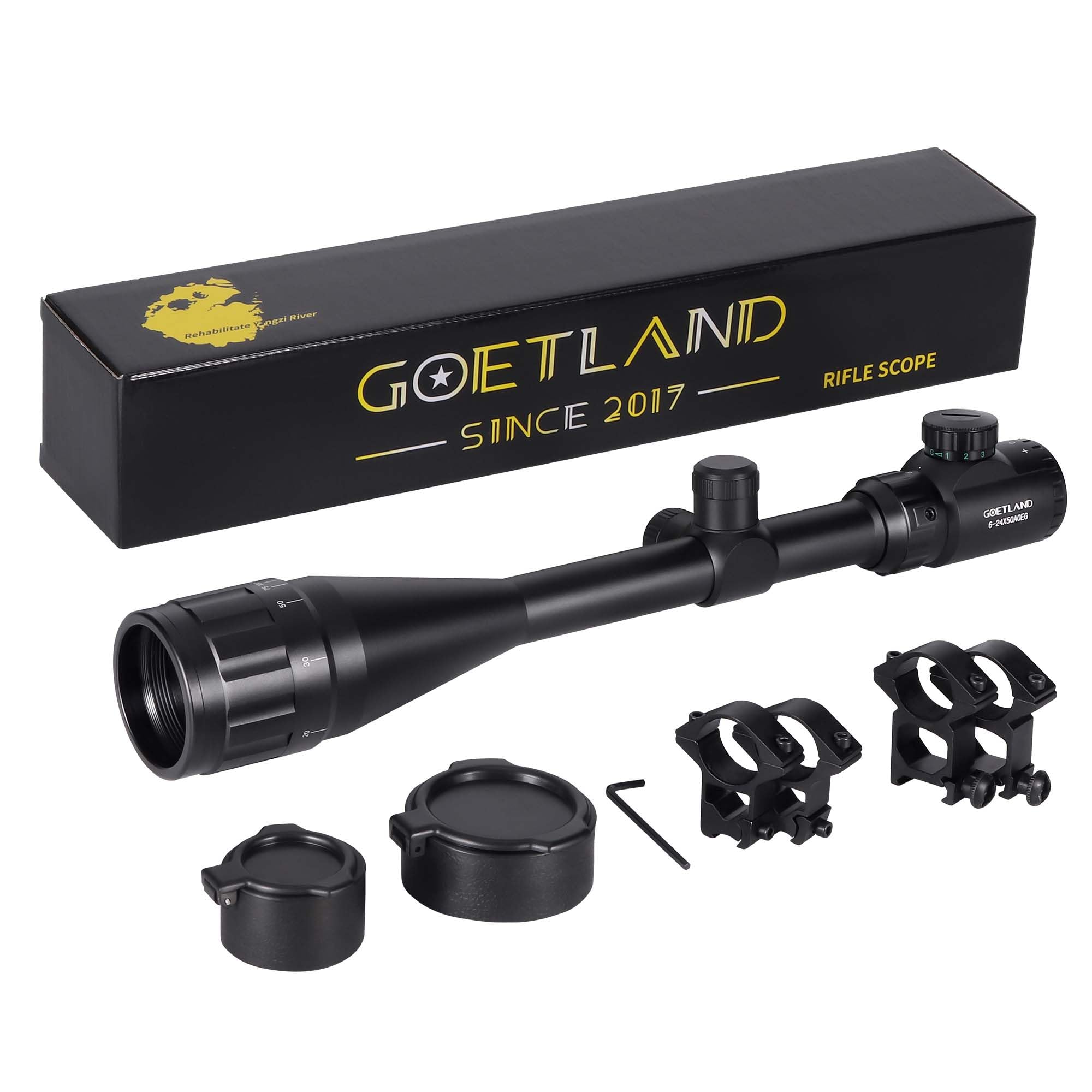 Goetland Rifle Scope 6-24x50 AOEG Red Green Illuminated Rangefinder SFP Ring Mounts for Air Gun Airsoft Crossbow Hunting Tactical