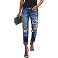 KUNMI Women's Ripped Mid Waisted Boyfriend Jeans Loose Fit Distressed Stretchy Denim Pants