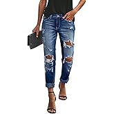 KUNMI Women's Ripped Mid Waisted Boyfriend Jeans Loose Fit Distressed Stretchy Denim Pants