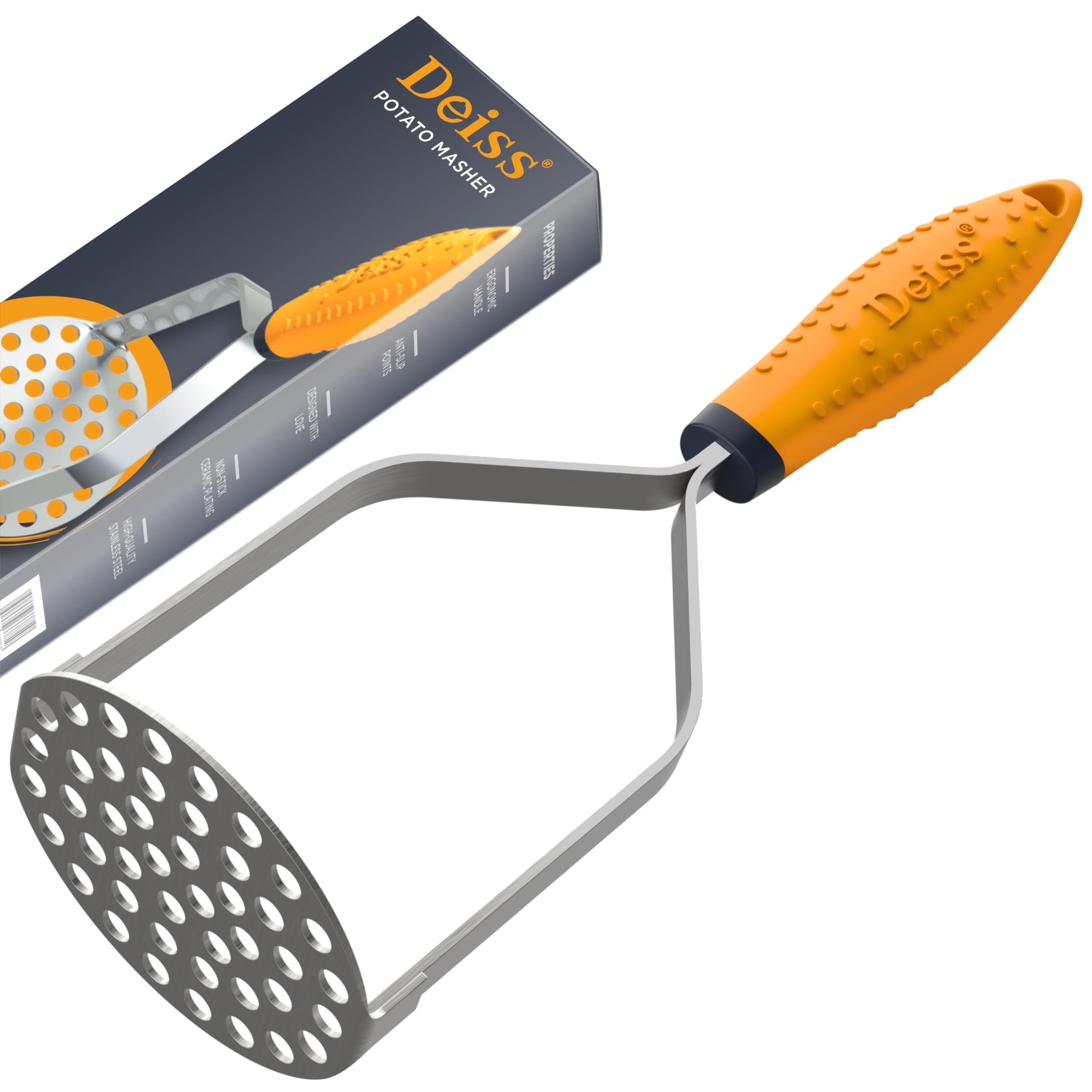 Deiss PRO Heavy Duty Stainless Steel Potato Masher with Non-Slip Rubber Handle Hand Held Masher for Struggle-Free Mashing - Dishwasher Safe Vegetable and Fruit Masher