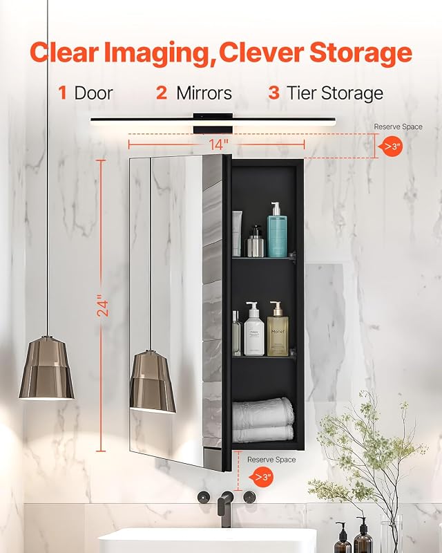 Armoire de Toilette Miroir, 355 x 610 mm, Meuble de Salle de Bain, avec Miroir, Cadre en Aluminium et étagères réglables à 2 Couches, Installation encastrée et Murale