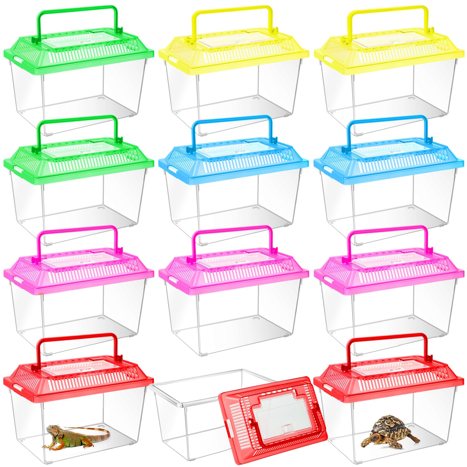 Photo 1 of 12Pcs Plastic Reptile Terrariums Carrier Cage, Tarantula Enclosure Breeding Box Hatching Container Transparent Fish Tank Turtle Aquarium with Random Color Lid for Hermit Crab, M(7" x 4.3" x 4.3")