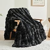 BEDELITE Faux Fur Throw Blanket for Couch, Decorative Tie-Dye Black Plush Bubble Blanket - Super Soft & Cozy Fluffy Faux Rabbit Fur Blanket for Women Gift, 50x60 Inches
