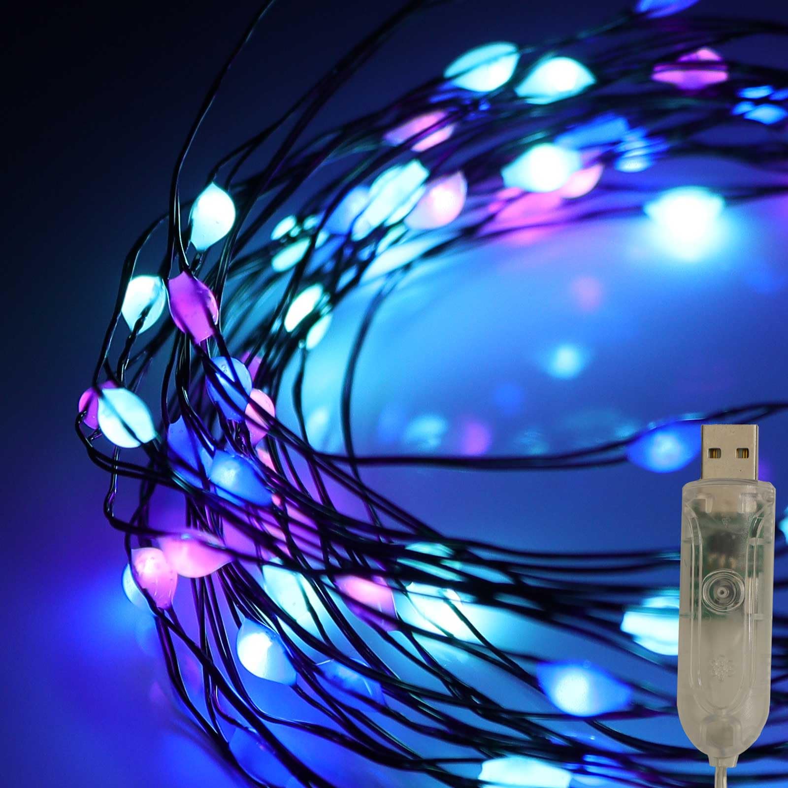 Qbis 100 Blue, Purple and Turquoise Fairy Lights, 100 Micro LED String Lights, Remote Control, USB Plug, Timer, Multi Function, Adjust Brightness, Micro LED String Lights