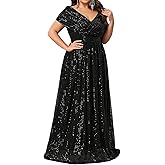 Plus Size Sequin Evening Gown for Women, V-Neck Short Sleeve Maxi Formal Dress for Wedding Guest, Party, Prom Dress