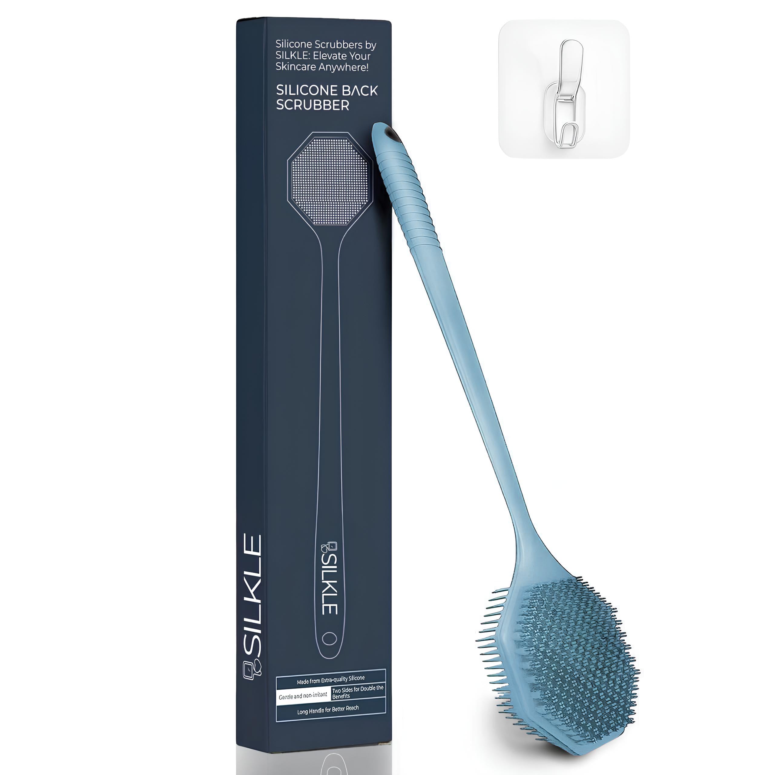 Photo 1 of SILKLE Silicone Back Scrubber with Long Handle - Octagon Body Brush for Shower, Bath, and Exfoliating - Skin Cleansing, Back Scrub and Gentle Silicone Sponge - Wash Your Body with Easy Reach - Blue