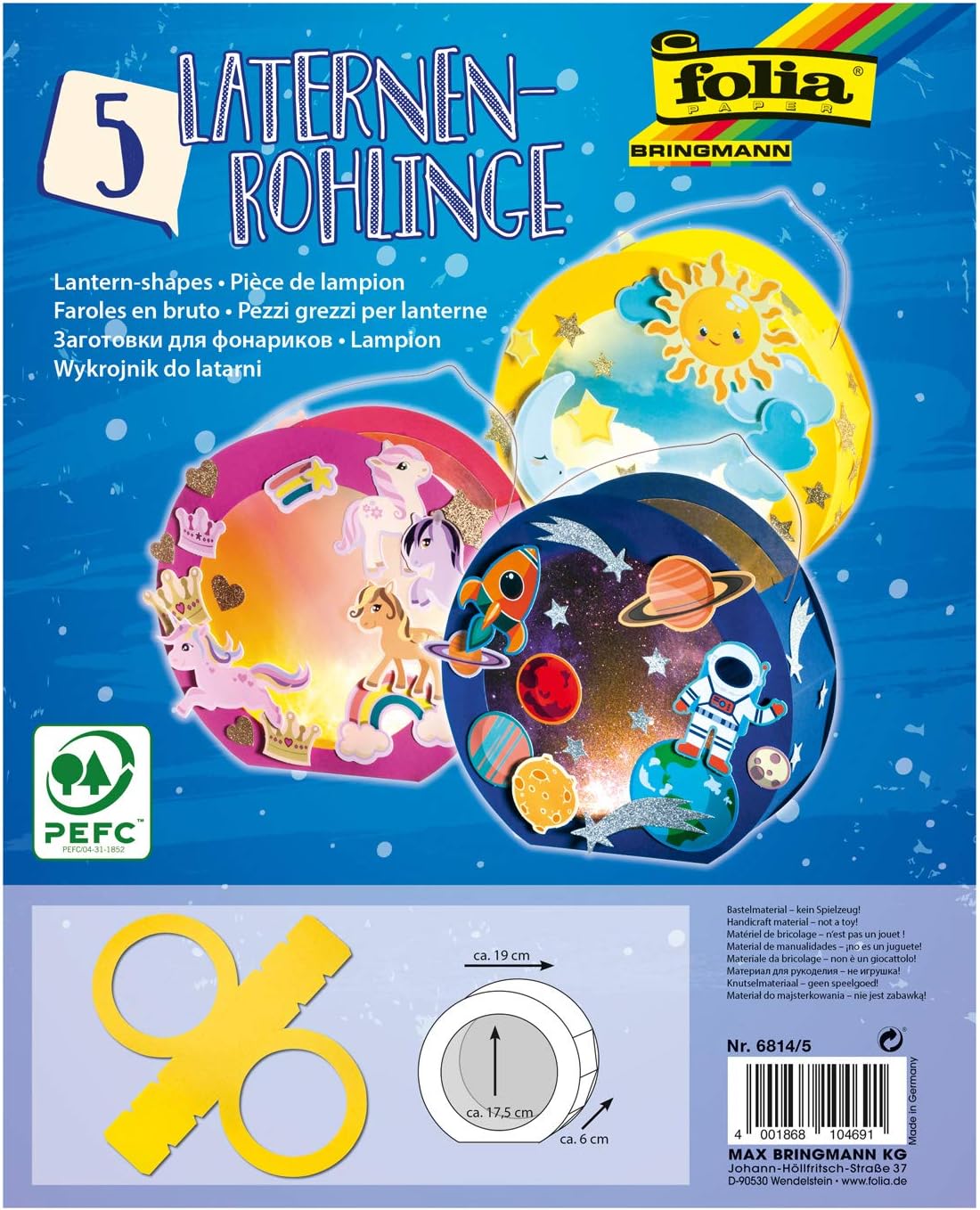 folia 6814/5 Round Lantern Blanks Made of Photo Cardboard Pack of 5 Yellow for Gluing Together Diameter 19 cm Window Cut-Out Approx. 13.5 cm
