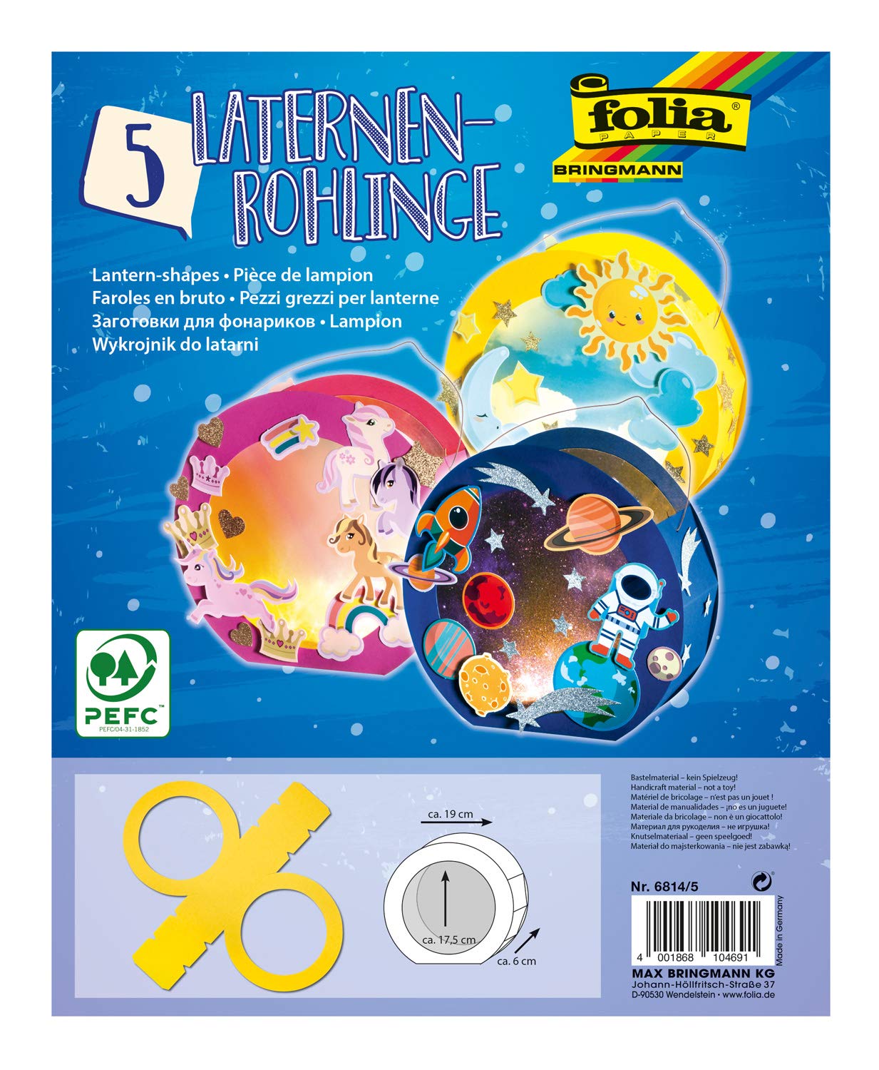 folia 6814/5 Round Lantern Blanks Made of Photo Cardboard Pack of 5 Yellow for Gluing Together Diameter 19 cm Window Cut-Out Approx. 13.5 cm