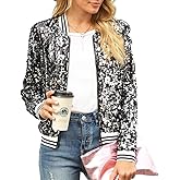 Hoibmasp Women Sequin Jacket Long Sleeve Front Zipper Ribbed Blazer Bomber Jacket