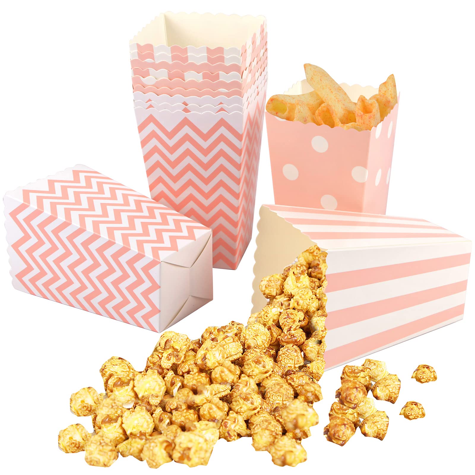 Jinlaili Pack of 12 Popcorn Boxes with Wavy Striped Pattern, Paper Candy Containers, Popcorn Bags for Birthdays, Cinema Night, Carnival, Party (Pink)