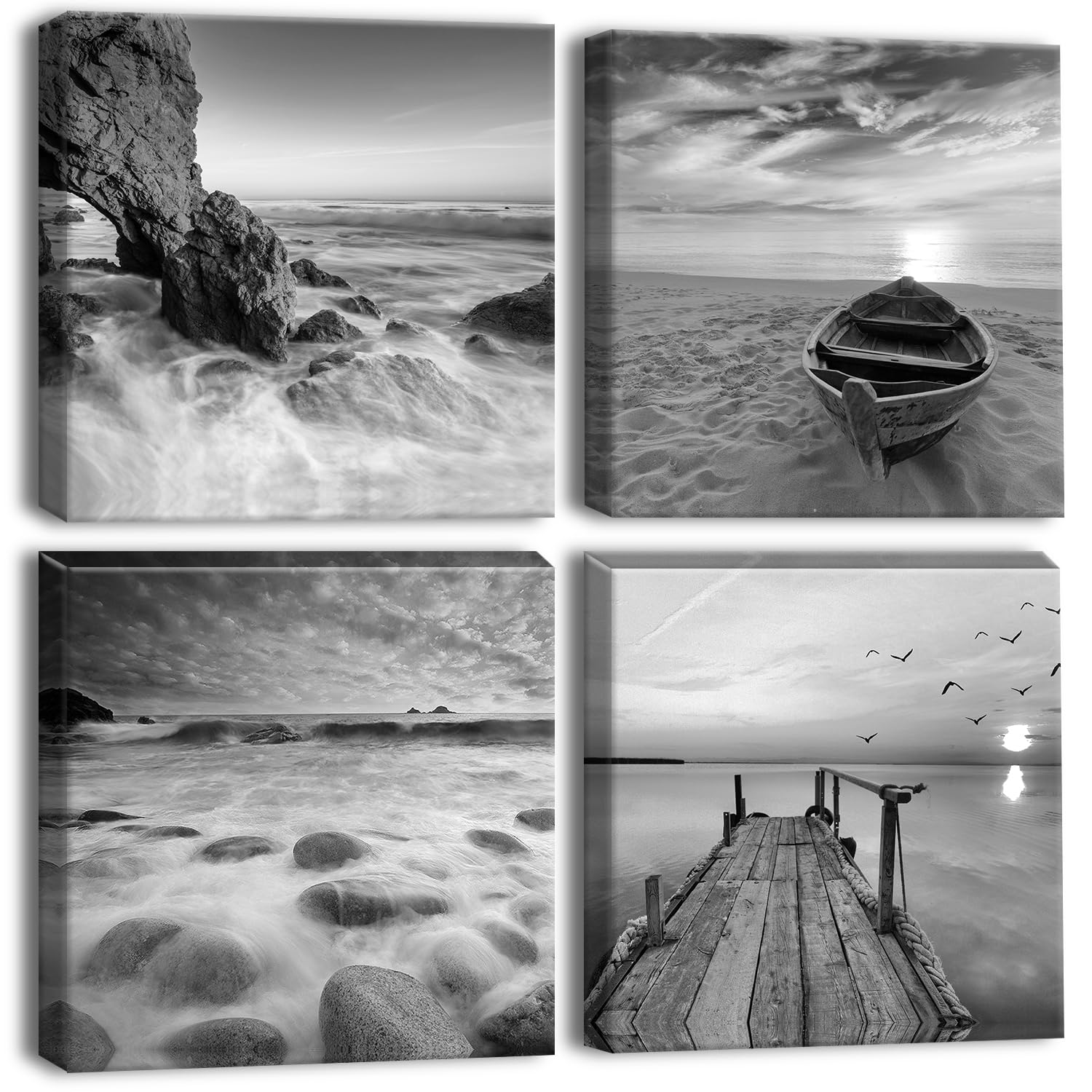 Artscope 4 Pieces Wall Art Canvas Prints - Seaside-Gray Picture Painting- Modern Wall Artwork Framed for Bathroom Home Office Decor - 30 x 30 CM