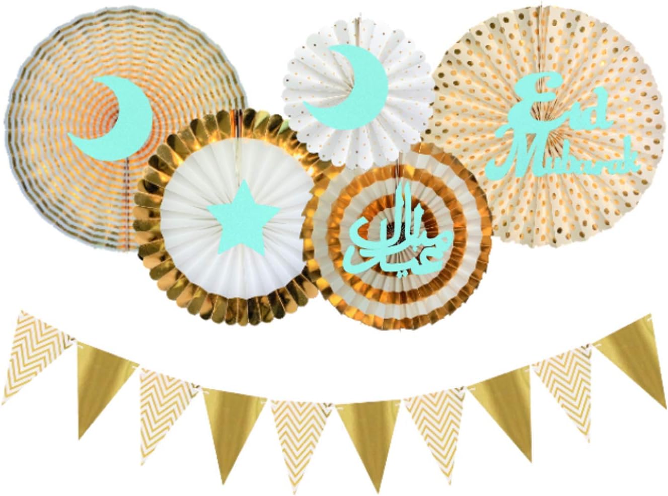 Eid Mubarak 11 Piece Set - Decoration Banners and Paper Fans - Perfect for Eid Parties and Events -(Gold & Green)