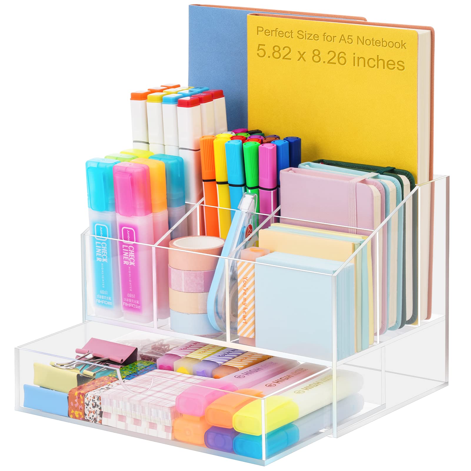Photo 1 of VITVITI Acrylic Desk Organizer, Upgraded Clear Pencil Organizer for Desk, 7 Compartments Stationary Pen Organizer Storage with Drawer, for Office Supply, 500+ Pencils Capacity