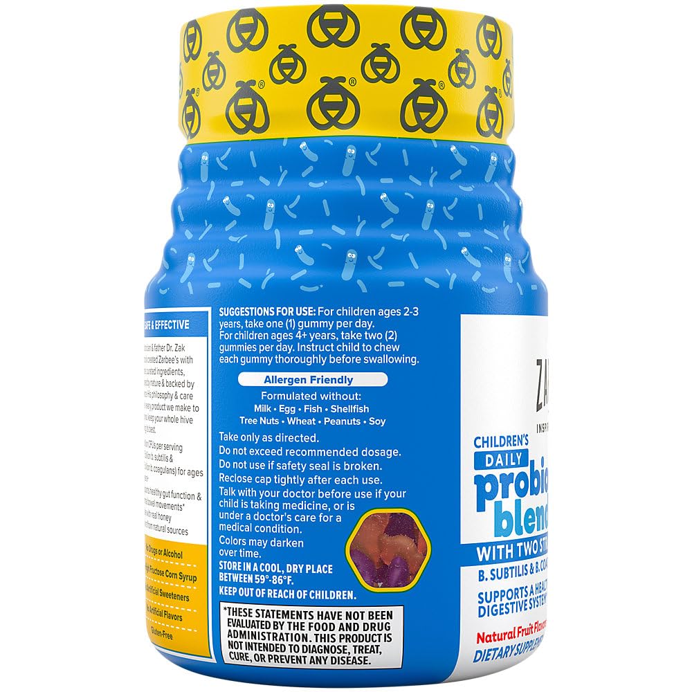 Zarbee's Kid's Daily Probiotic Blend Gummies with 2 Strains for Digestive Support; Easy To Chew; Gluten-Free & Drug-Free; Ages 2+; Natural Fruit Flavors; 50 Count