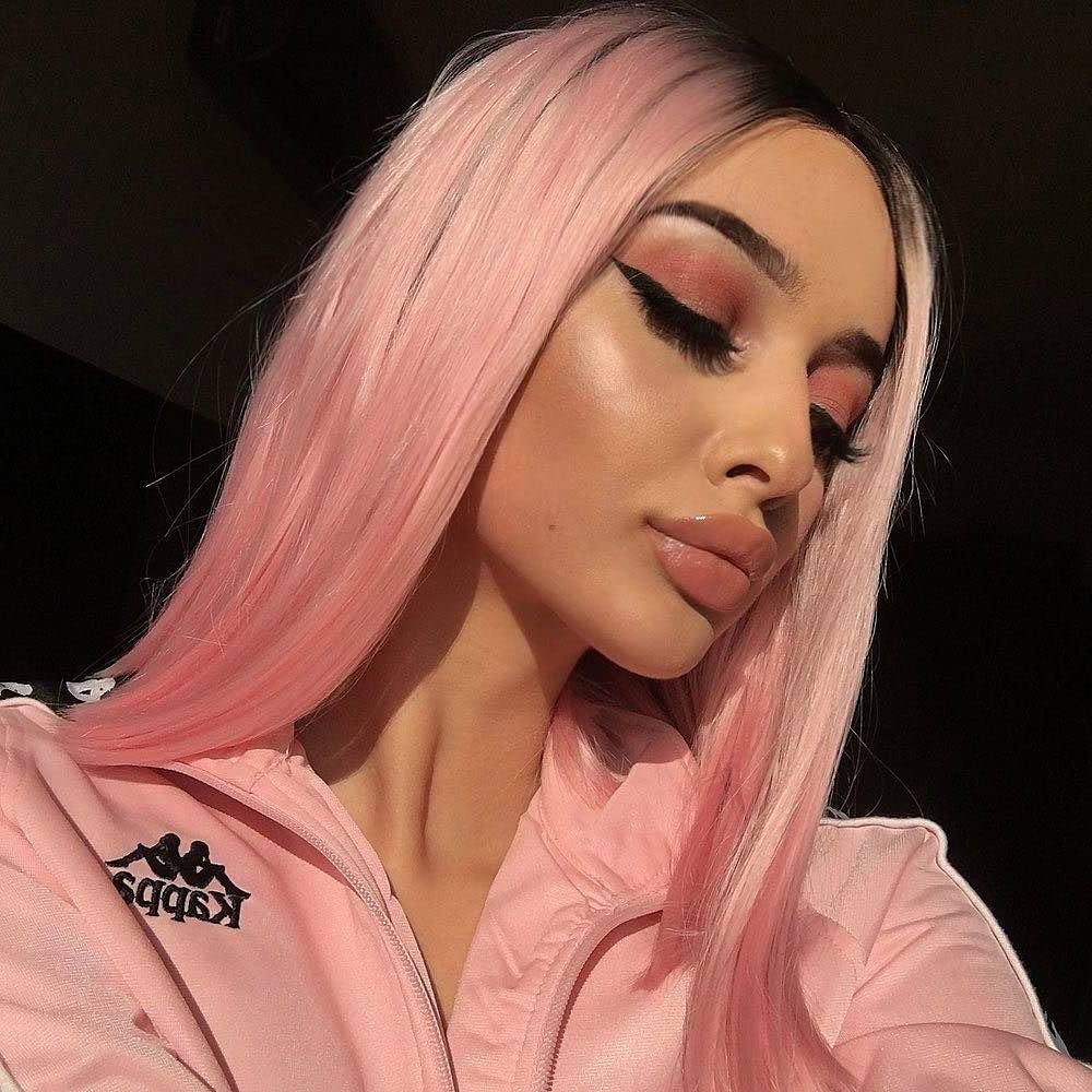 Xiweiya Silky Straight Pink Bob 13x3 Lace Front Wig - Synthetic Lace Front, Short Ombre, Middle Part, Two Tone, Heat Resistant Fiber for Cool Girls Cosplay