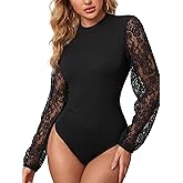 KIFOVEN Women's Bodysuit Crew Neck Sheer Lace Lantern Long Sleeve Ribbed Dressy Slim Fit Going Out Top Jumpsuit