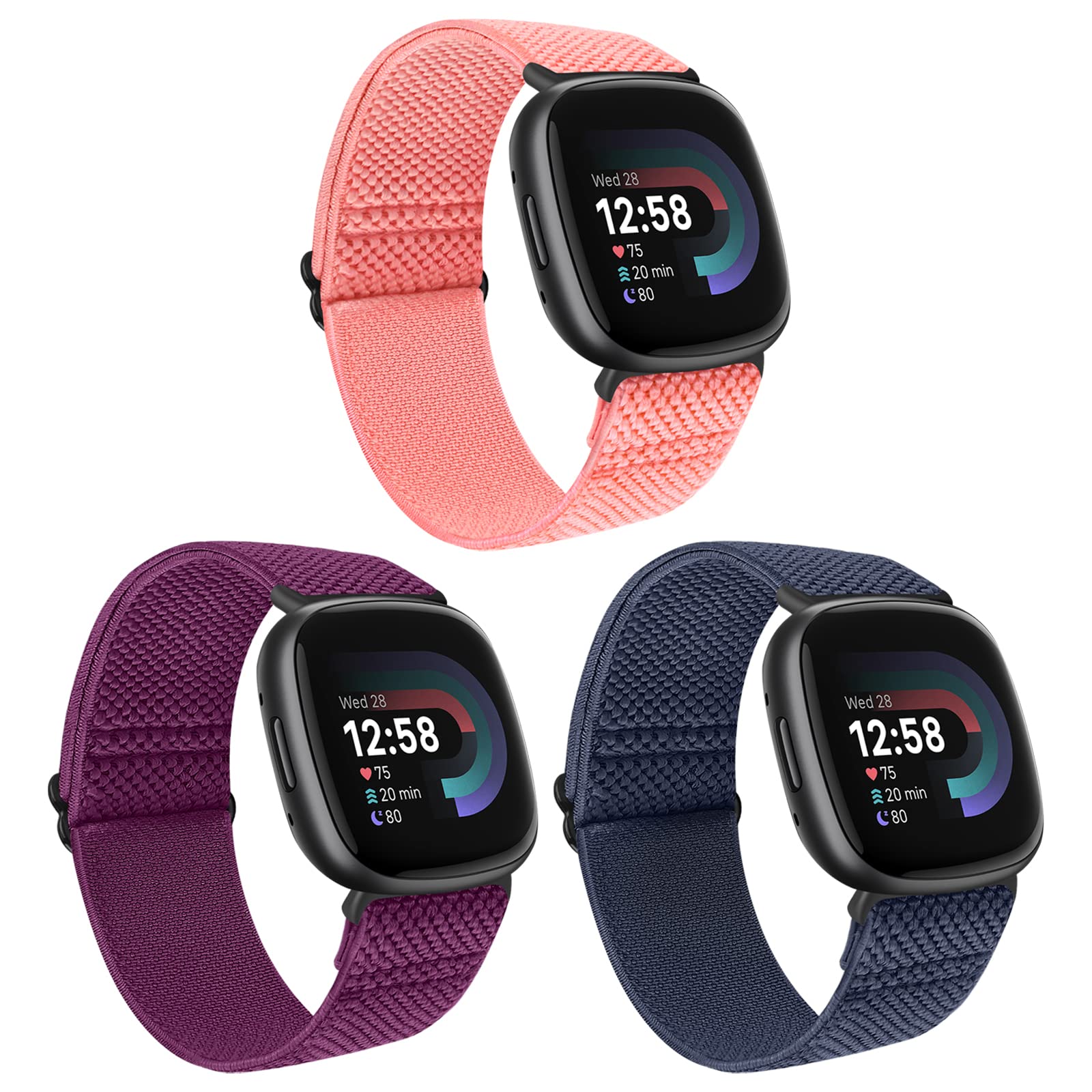 Huamanlou 3 Pack Elastic Nylon Straps Compatible with Fitbit Versa 4/Versa 3/Sense 2/Sense, Soft Loop Adjustable Sport Replacement Wristbands for Women Men
