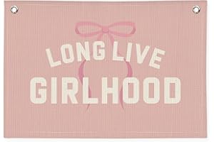 Wheatwin Long Live Girlhood Banner, Girl Nursery Decor, Toddler Girl Room Decor, Pink Bow Girls Room Wall Decor, Long Live Girlhood Linen Banner Wall Hanging Canvas Banner Flag 20x30 Inch