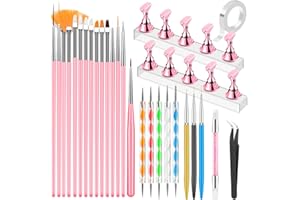 YOOVR Nail Art Tools Set, Nail Stand for Press on Holder for Painting Nails, Nail Art Brushes, Liner Brushes, Nail Dotting Tool, Must Haves Design Tools Supplies Kit for Nail Tech & Beginners (Pink)