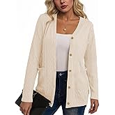 KARRESLY Women Casual Cardigan Sweater Button Down Cable Knit Open Front Long Sweater Lightweight Outwear Coat with Pockets