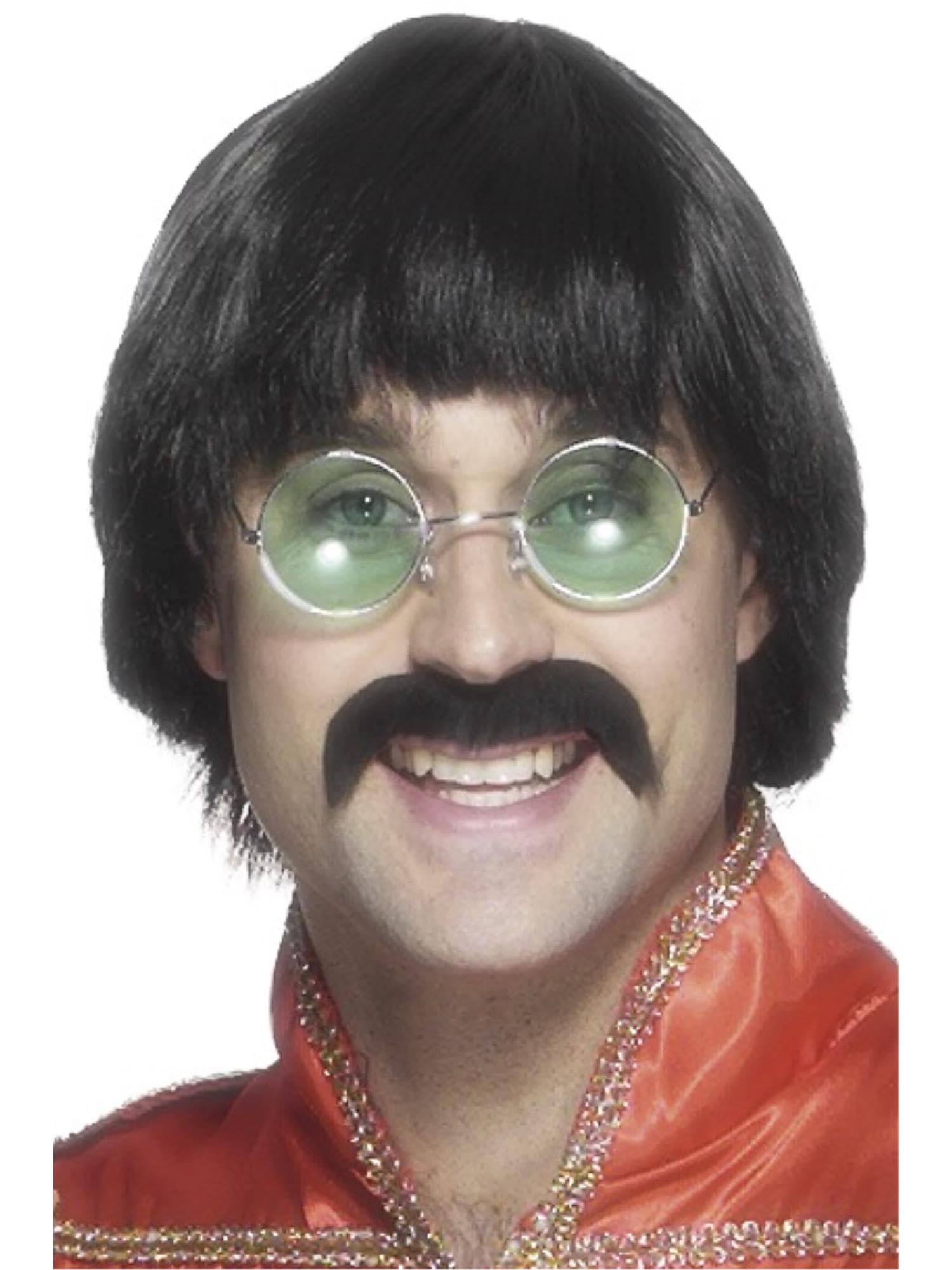 Smiffys 70s Mersey Wig & Tash, Black Short Styled, 1970's Disco Fancy Dress, 1970s Dress Up Wigs Halloween