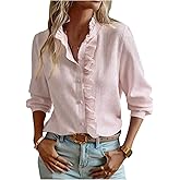 Floerns Women's Striped Button Down Long Sleeve Shirts Ruffle Trim Work Dressy Casual Blouse Tops